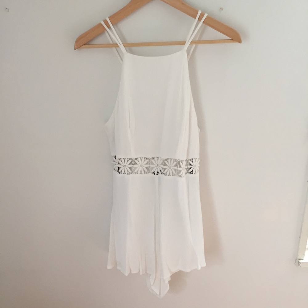 White Forever 21 Floral Crochet Gauze Romper